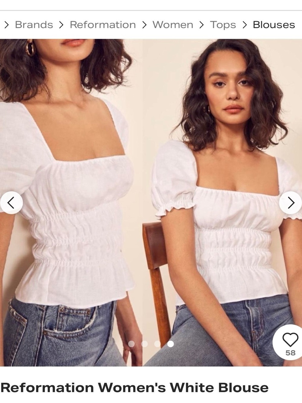 Reformation White Square-Neck Smocked Puff-Sleeve Blouse
